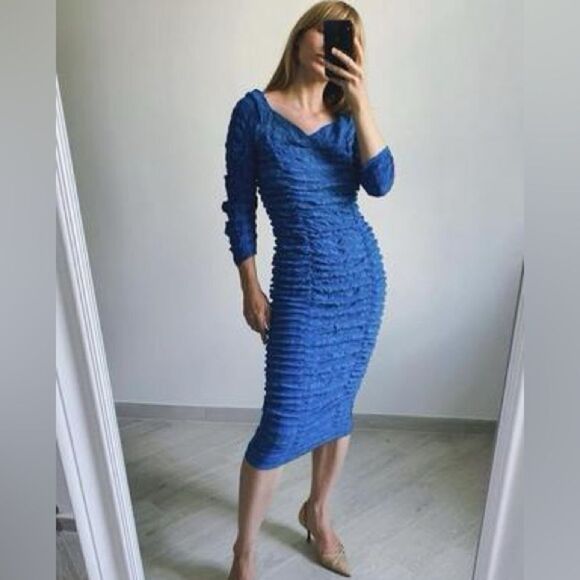 Zara blue ruched textured dress - Picture 3 of 12